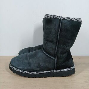 UGG Ankle Boots Womens 8 Black Leather Shearling Winter Cozy Y2K Casual